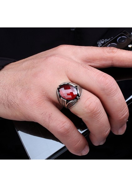 Kırmızı Zirkon Taşlı Model 925 Ayar Gümüş Erkek Yüzük modelleri