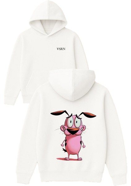 Pembe Kopek Tasarım Baskılı Oversize Beyaz Kapüşonlu Sweatshirt