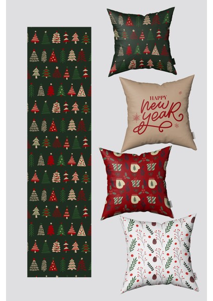 Noel Temalı Kırmızı Bej Renkli Çam Ağaçları Yılbaşı 4 Kırlent Kılıfı 1 Runner Seti