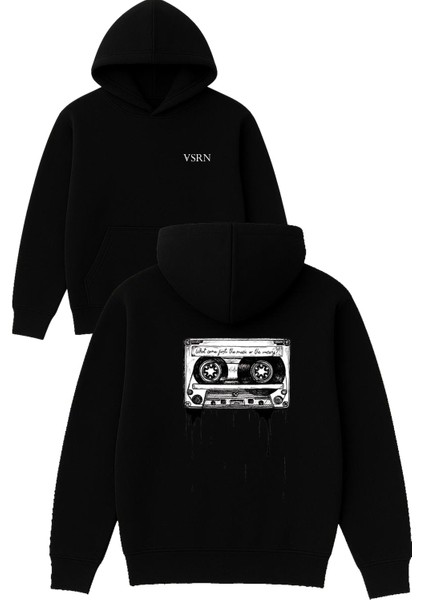 Kaset Tasarım Baskılı Oversize Siyah Kapüşonlu Sweatshirt