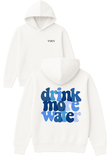 Drink More Water Tasarım Baskılı Oversize Beyaz Kapüşonlu Sweatshirt
