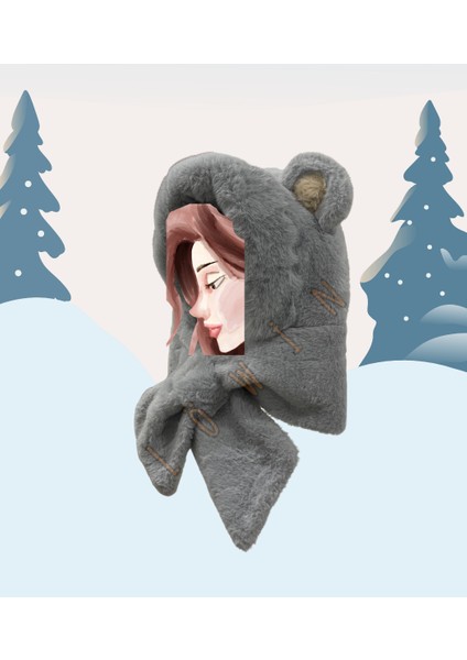 Kulak Detaylı Peluş Ikisi Bir Arada Bere ve Şal | Yumuşacık ve Sıcacık Kış Şapkası fırsatları