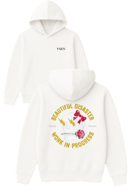 Beautıful Dısaster Tasarım Baskılı Oversize Beyaz Kapüşonlu Sweatshirt