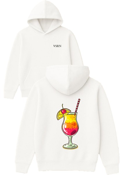 Renkli Kokteyl Tasarım Baskılı Oversize Beyaz Kapüşonlu Sweatshirt