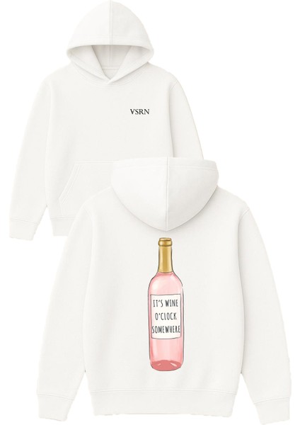 Its Wıne Oclock Tasarım Baskılı Oversize Beyaz Kapüşonlu Sweatshirt