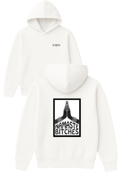Namaste Btches Tasarım Baskılı Oversize Beyaz Kapüşonlu Sweatshirt