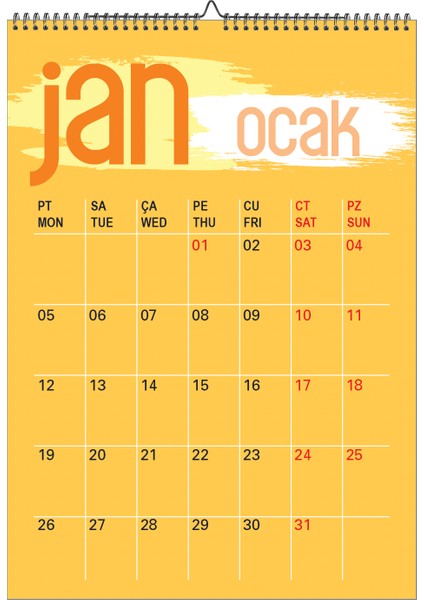 2026 Renkli Planlamalı A3 Ebat 12 Sayfa Duvar Takvimi-Spiralli ve Askılı