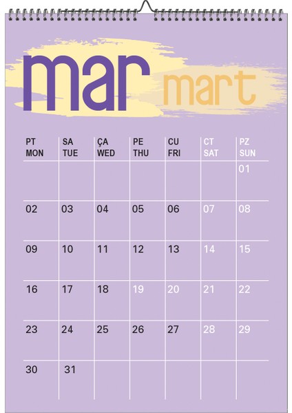 2026 Renkli Planlamalı A3 Ebat 12 Sayfa Duvar Takvimi-Spiralli ve Askılı modelleri