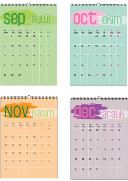 2026 Renkli Planlamalı A3 Ebat 12 Sayfa Duvar Takvimi-Spiralli ve Askılı
