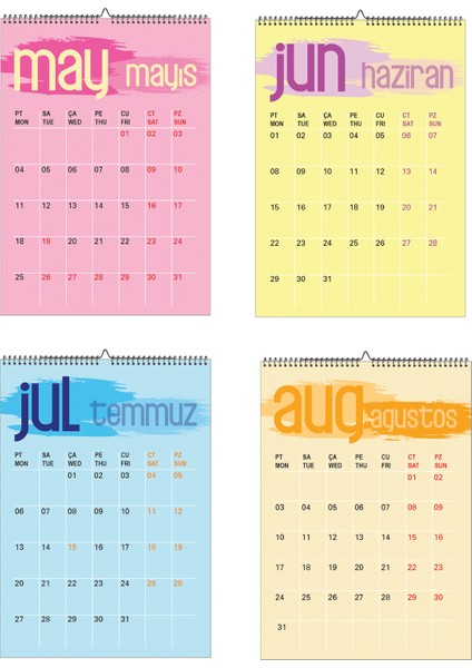 2026 Renkli Planlamalı A3 Ebat 12 Sayfa Duvar Takvimi-Spiralli ve Askılı