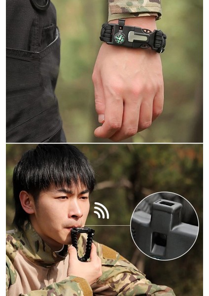 5'i 1 Arada Çok Fonksiyonlu Hayatta Kalma Bilekliği Pusula, Düdük, Çakmak Taşı ve Şemsiye Ipi Bileklik