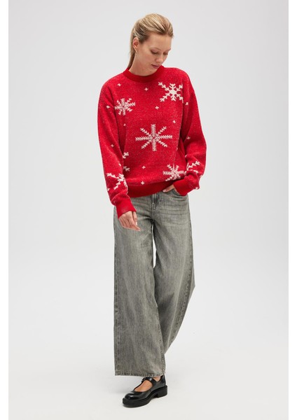 Snowflake Kartanesi Desenli Unisex Yılbaşı Kazağı - Kırmızı