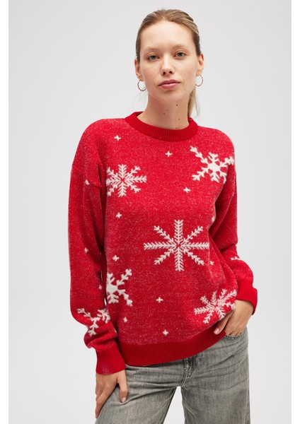 Snowflake Kartanesi Desenli Unisex Yılbaşı Kazağı - Kırmızı fiyatları