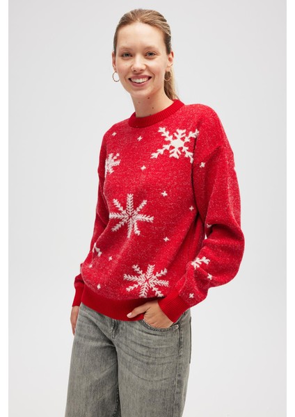Snowflake Kartanesi Desenli Unisex Yılbaşı Kazağı - Kırmızı modelleri