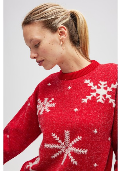 Snowflake Kartanesi Desenli Unisex Yılbaşı Kazağı - Kırmızı fırsatları