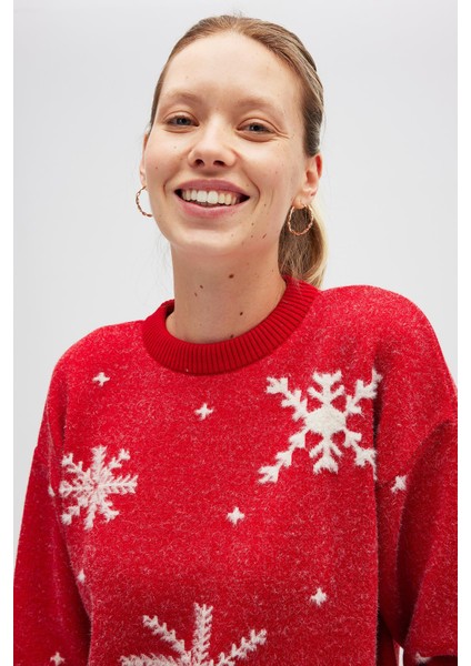 Snowflake Kartanesi Desenli Unisex Yılbaşı Kazağı - Kırmızı indirimleri