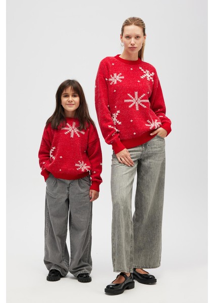 Snowflake Kartanesi Desenli Unisex Yılbaşı Kazağı - Kırmızı