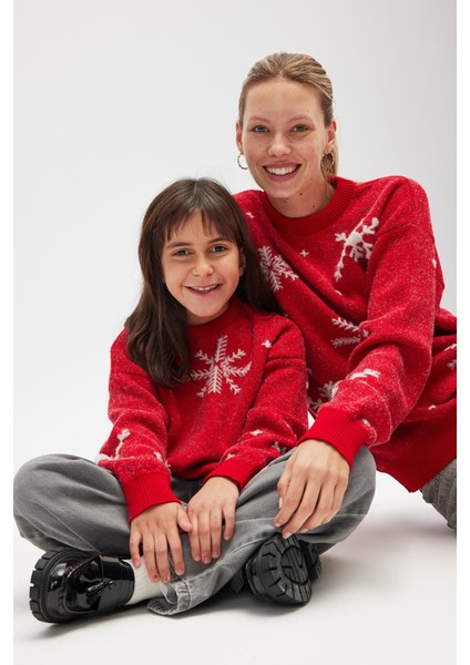 Snowflake Kartanesi Desenli Unisex Yılbaşı Kazağı - Kırmızı