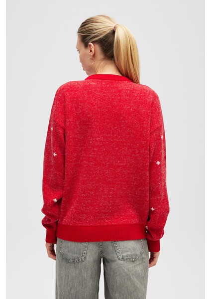 Snowflake Kartanesi Desenli Unisex Yılbaşı Kazağı - Kırmızı