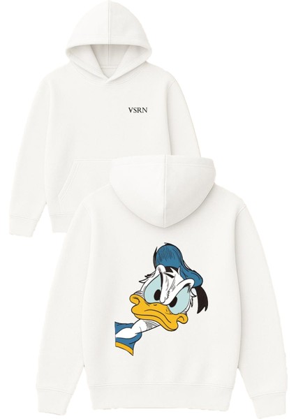 Duck Tasarım Baskılı Oversize Beyaz Kapüşonlu Sweatshirt