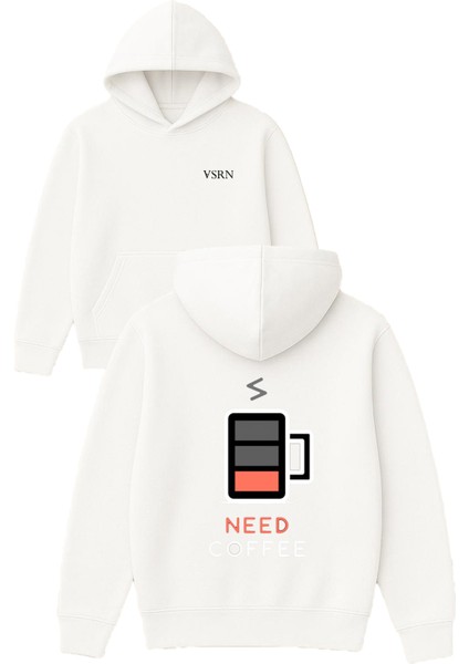 Cup Need Coffee Tasarım Baskılı Oversize Beyaz Kapüşonlu Sweatshirt