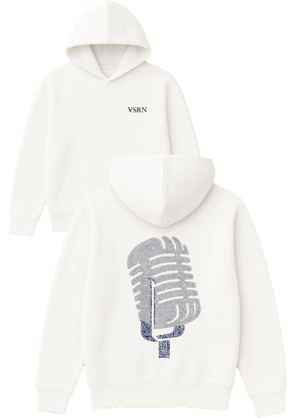 Pırlantalı Mikrofon Tasarım Baskılı Oversize Beyaz Kapüşonlu Sweatshirt