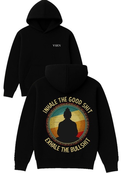 Inhale The Good Tasarım Baskılı Oversize Siyah Kapüşonlu Sweatshirt