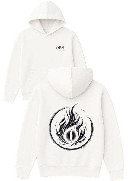 Gozlu Yuvarlak Tasarım Baskılı Oversize Beyaz Kapüşonlu Sweatshirt