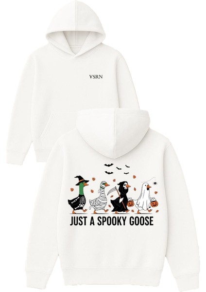 Just A Spooky Tasarım Baskılı Oversize Beyaz Kapüşonlu Sweatshirt