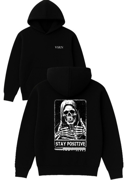 Iskelet Stay Posıtıve Tasarım Baskılı Oversize Siyah Kapüşonlu Sweatshirt