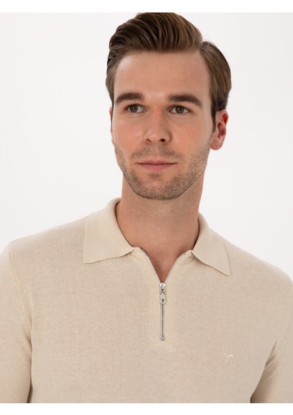 Erkek Bej Regular Fit Pamuk Karışımlı Fermuarlı Polo Yaka Basic Triko Kazak 50318721-VR011 fiyatları