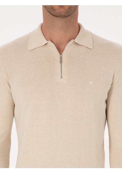 Erkek Bej Regular Fit Pamuk Karışımlı Fermuarlı Polo Yaka Basic Triko Kazak 50318721-VR011