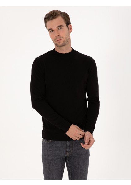 Erkek Siyah Slim Fit %100 Pamuk Çeyrek Balıkçı Yaka Triko Kazak 50318950-VR046