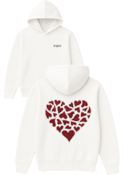 Pırlanta Kalp Tasarım Baskılı Oversize Beyaz Kapüşonlu Sweatshirt