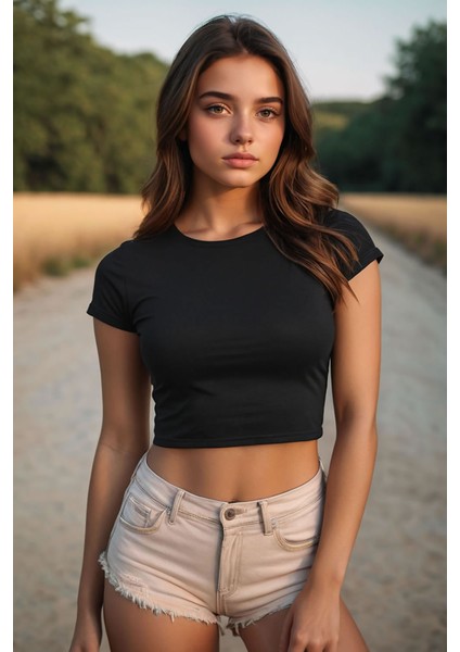 Siyah Bisiklet Yaka Crop Top