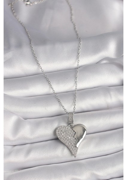 Bfs 316L Çelik Gümüş Renk Zincir Zirkon Taşlı Kırık Kalp Model Kadın Kolye fiyatları