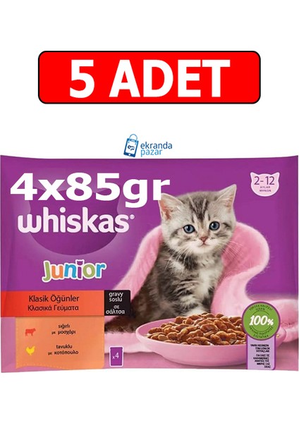 Junior Kitten Pouch Yaş Mama (4X85GR) 5ADET Klasik Seçenekler Tavuk,sığır
