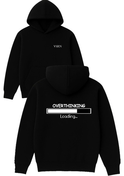 Overthınkıng Tasarım Baskılı Oversize Siyah Kapüşonlu Sweatshirt