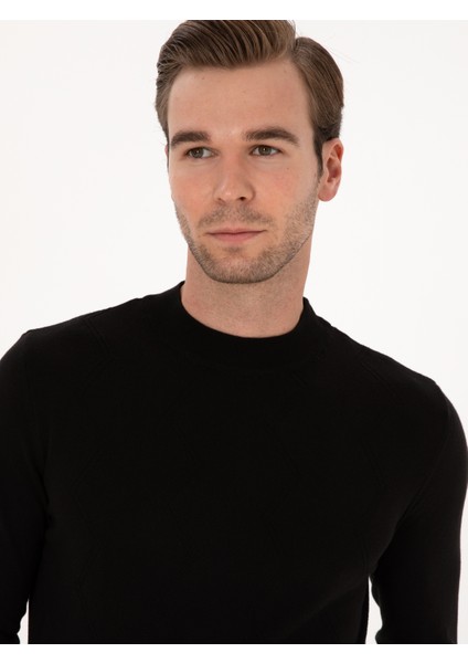 Erkek Siyah Slim Fit %100 Pamuk Çeyrek Balıkçı Yaka Triko Kazak 50318950-VR046 fiyatları