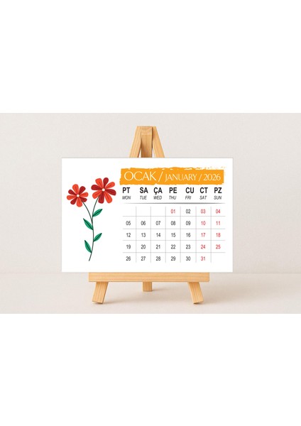 2026 Çiçek Temalı 10X15 cm Masa Takvimi Mini Şövaleli