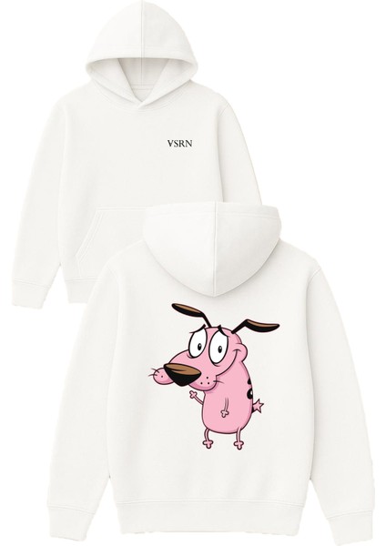 Pembe Tatlı Köpek Tasarım Baskılı Oversize Beyaz Kapüşonlu Sweatshirt