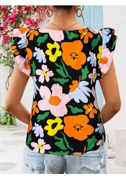 Kadın Kısa Fırfır Kollu Kare Yaka Çiçek Desenli Ithal Keten Bluz fiyatları