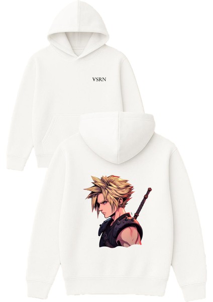 Anime Sarışın Tasarım Baskılı Oversize Beyaz Kapüşonlu Sweatshirt