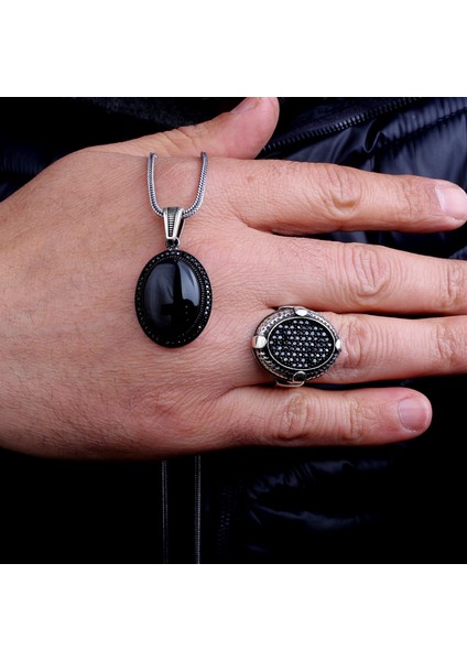 925 Ayar Gümüş Onix ve Mikro Taşlı Kolye Yüzük Kombini fiyatları