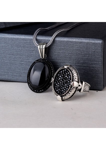 925 Ayar Gümüş Onix ve Mikro Taşlı Kolye Yüzük Kombini modelleri