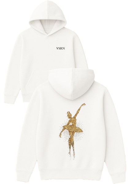 Balerin Kız Tasarım Baskılı Oversize Beyaz Kapüşonlu Sweatshirt