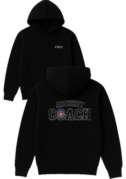 Archery Coach Tasarım Baskılı Oversize Siyah Kapüşonlu Sweatshirt
