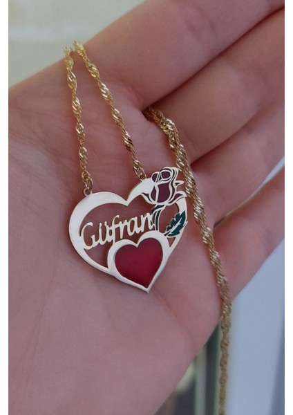 925 Ayar Gümüş 24 Ayar Altın Kaplama Kalpli Gül Kolye