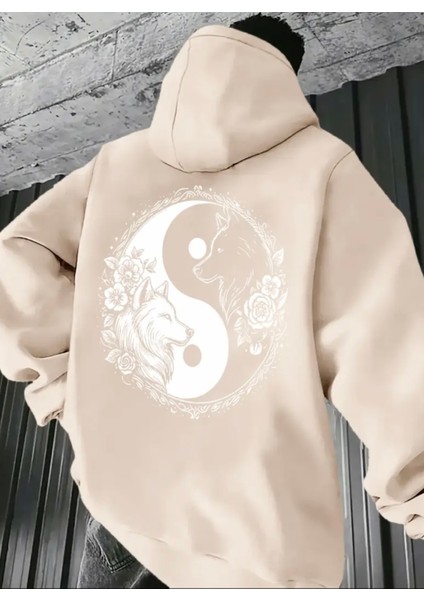 Büyük Beden Özel Tasarım Kapüşonlu Ying-Yang Çift Kurt Sırt Baskılı Hip Hop Erkek Sweatshırt