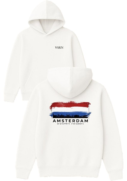 Amsterdam Tasarım Baskılı Oversize Beyaz Kapüşonlu Sweatshirt